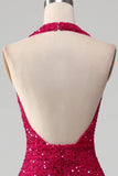 Fuchsia Meerjungfrau Neckholder Pailletten Ballkleid mit Schlitz