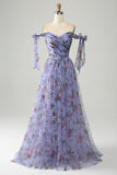 Langes Ballkleid in A-Linie mit lavendelfarbenem Print und verstellbaren Trägern