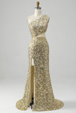 Goldenes One-Shoulder-Fransen-Pailletten-Ballkleid mit Schlitz