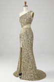 Goldenes One-Shoulder-Fransen-Pailletten-Ballkleid mit Schlitz