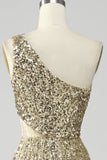 Goldenes One-Shoulder-Fransen-Pailletten-Ballkleid mit Schlitz