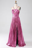 Fuchsia A-Linie Spaghettiträger Plissee-Ballkleid mit Schlitz