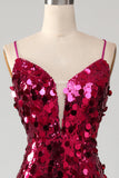 Sparkly Mermaid Spaghetti Träger Fuchsia Pailletten Langes Ballkleid mit Schlitz