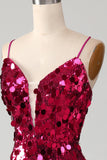 Sparkly Mermaid Spaghetti Träger Fuchsia Pailletten Langes Ballkleid mit Schlitz