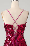 Sparkly Mermaid Spaghetti Träger Fuchsia Pailletten Langes Ballkleid mit Schlitz