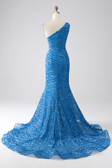 Blaues Meerjungfrauen-Pailletten-Paillettenkleid für den Abschlussball