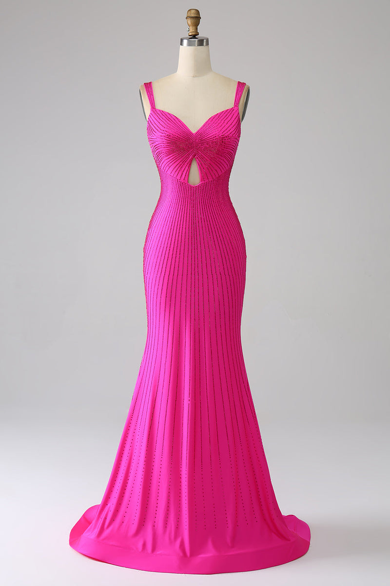 Laden Sie das Bild in den Galerie-Viewer, Sparkly Mermaid Hot Pink Ballkleid mit Aushöhlung