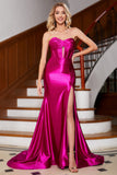 Sparkly Mermaid Fuchsia Korsett Ballkleid mit Schlitz