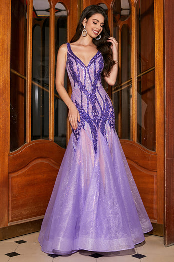 Atemberaubendes Meerjungfrauen-Kleid mit V-Ausschnitt und lila Pailletten für den Abschlussball mit offenem Rücken