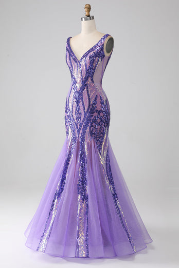 Glitzerndes lilafarbenes Meerjungfrauen-Paillettenkleid mit V-Ausschnitt und langem Abschlussballkleid