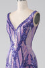 Laden Sie das Bild in den Galerie-Viewer, Glitzerndes lilafarbenes Meerjungfrauen-Paillettenkleid mit V-Ausschnitt und langem Abschlussballkleid