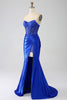 Laden Sie das Bild in den Galerie-Viewer, Meerjungfrau trägerloses königsblaues Korsett-Ballkleid mit Perlen