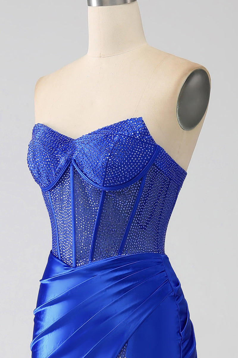 Laden Sie das Bild in den Galerie-Viewer, Meerjungfrau trägerloses königsblaues Korsett-Ballkleid mit Perlen