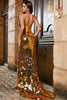 Laden Sie das Bild in den Galerie-Viewer, Goldenes Meerjungfrauen-Neckholder-Glitzerspiegel-Ballkleid mit hohem Schlitz
