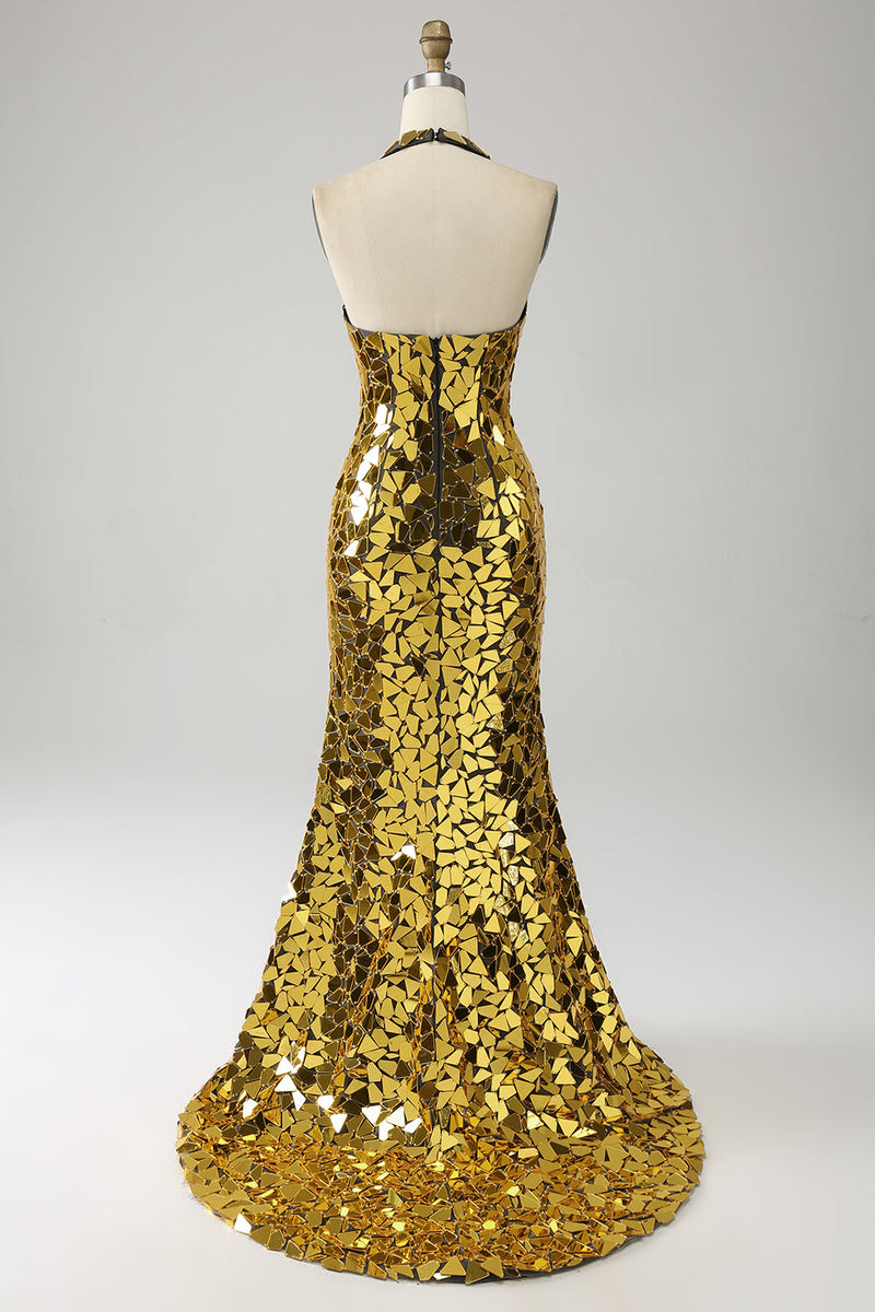 Laden Sie das Bild in den Galerie-Viewer, Goldenes Meerjungfrauen-Neckholder-Kleid mit tiefem V-Ausschnitt und rückenlosem Spiegel für den Abschlussball mit hohem Schlitz