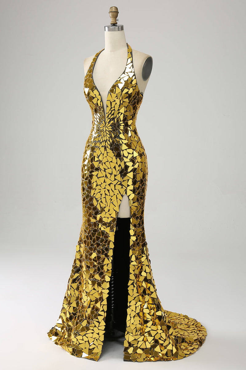 Laden Sie das Bild in den Galerie-Viewer, Goldenes Meerjungfrauen-Neckholder-Kleid mit tiefem V-Ausschnitt und rückenlosem Spiegel für den Abschlussball mit hohem Schlitz