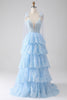 Laden Sie das Bild in den Galerie-Viewer, Hellblaues herzförmiges Kleid mit Fliege und gestuftem Tüll-Pailletten-Ballkleid mit Applikationen