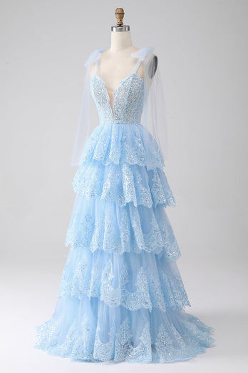 Hellblaues herzförmiges Kleid mit Fliege und gestuftem Tüll-Pailletten-Ballkleid mit Applikationen