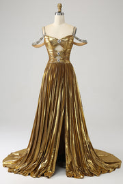 Atemberaubendes schulterfreies goldenes langes Ballkleid mit Schlüsselloch