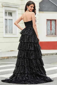 Stilvolles trägerloses schwarzes Paillettenkleid in A-Linie mit Rüschen