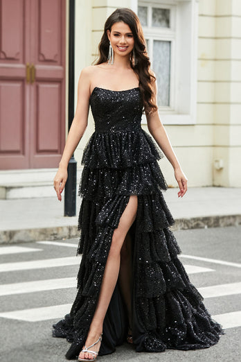 Stilvolles trägerloses schwarzes Paillettenkleid in A-Linie mit Rüschen