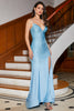Laden Sie das Bild in den Galerie-Viewer, Blaues perlenbesetztes langes, glitzerndes Meerjungfrauen-Ballkleid mit Schlitz