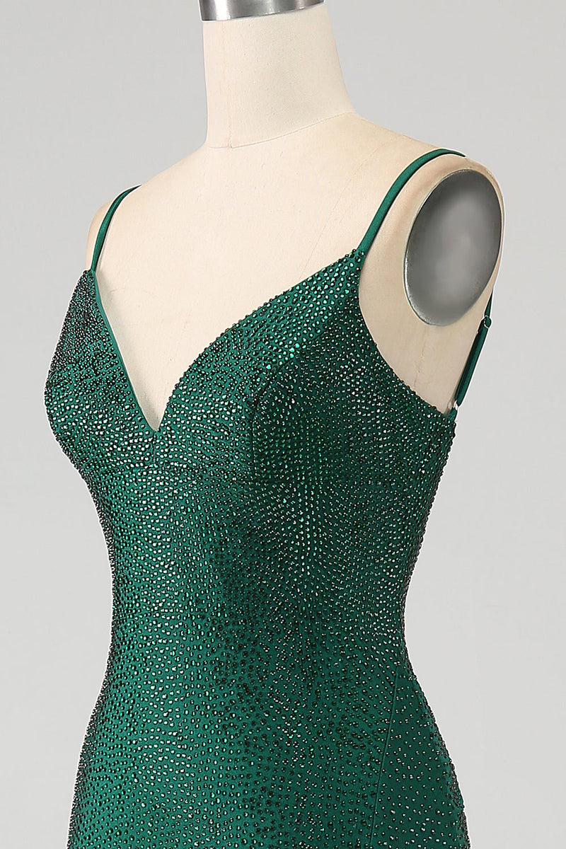 Laden Sie das Bild in den Galerie-Viewer, Glitzerndes, dunkelgrünes, perlenbesetztes langes Meerjungfrauen-Ballkleid mit Schlitz