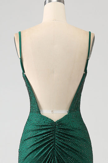Glitzerndes, dunkelgrünes, perlenbesetztes langes Meerjungfrauen-Ballkleid mit Schlitz
