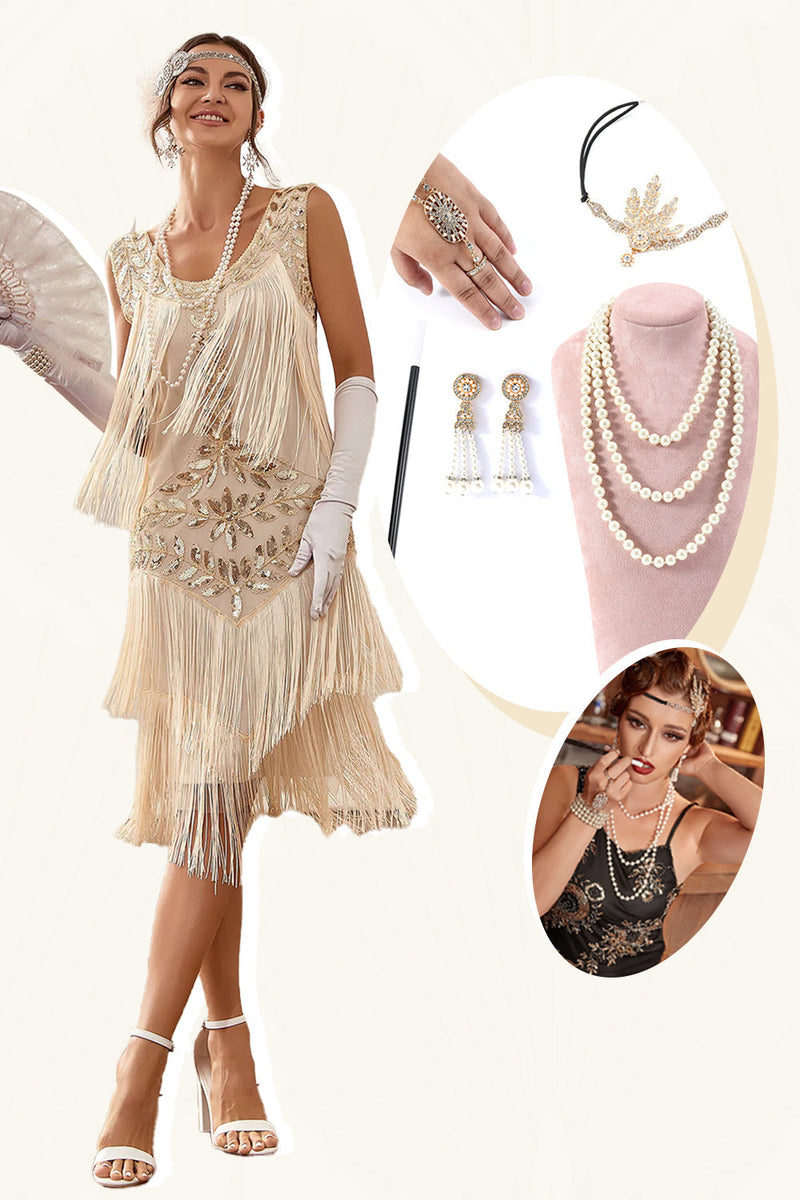 Laden Sie das Bild in den Galerie-Viewer, Champagner Pailletten Fransen 1920er Jahre Gatsby Kleid mit 20er Jahre Accessoires Set