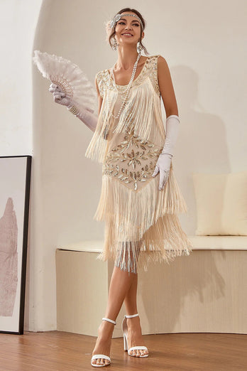 Champagner Pailletten Fransen 1920er Jahre Gatsby Kleid mit 20er Jahre Accessoires Set