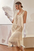 Laden Sie das Bild in den Galerie-Viewer, Champagner Pailletten Fransen 1920er Jahre Gatsby Kleid mit 20er Jahre Accessoires Set