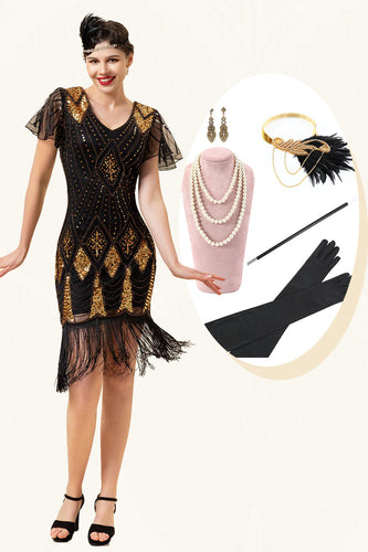 Schwarz und Golden Pailletten Fransen 1920er Jahre Gatsby Kleid mit 20er Jahre Accessoires Set