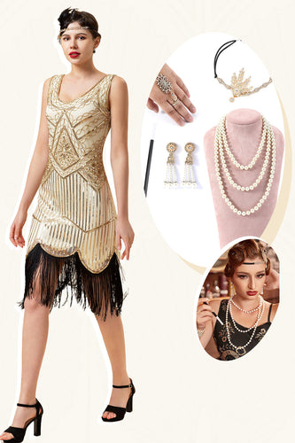 Champagner Pailletten Fransen 1920er Jahre Flapper Kleid mit 20er Jahre Accessoires Set