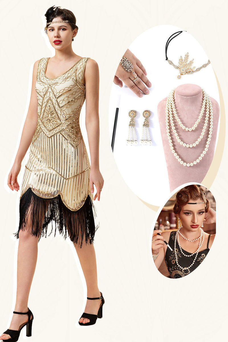 Laden Sie das Bild in den Galerie-Viewer, Champagner Pailletten Fransen 1920er Jahre Flapper Kleid mit 20er Jahre Accessoires Set