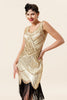 Laden Sie das Bild in den Galerie-Viewer, Champagner Pailletten Fransen 1920er Jahre Flapper Kleid mit 20er Jahre Accessoires Set