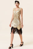 Champagner Pailletten Fransen 1920er Jahre Flapper Kleid mit 20er Jahre Accessoires Set