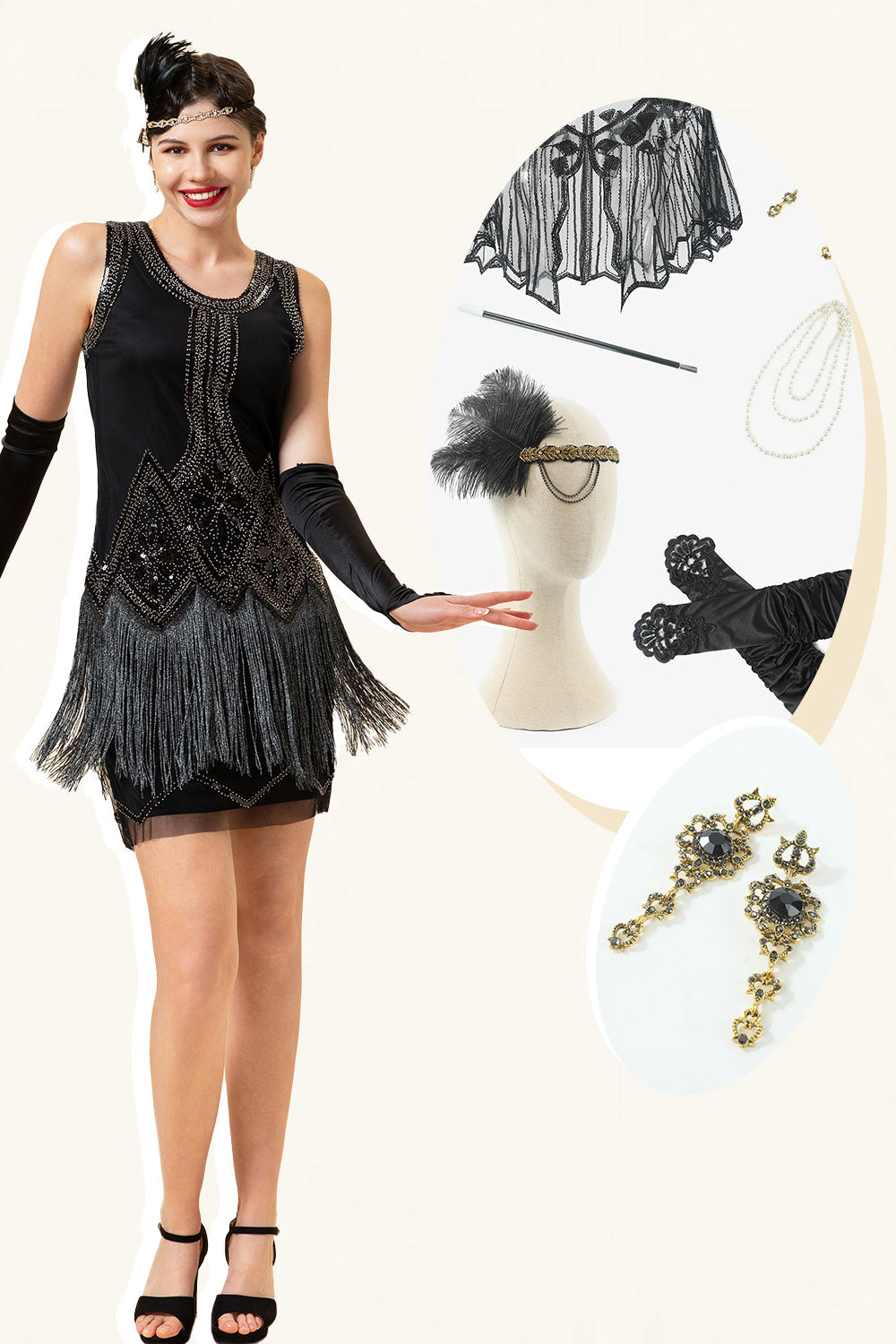 Schwarze Fransen Pailletten 1920er Jahre Flapper Kleid mit 20er Jahre Accessoires Set