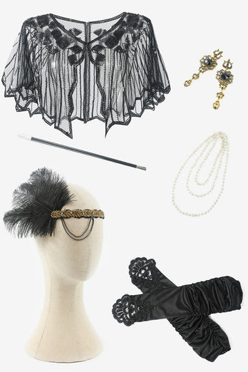 Schwarze Pailletten Fransen 1920er Jahre Gatsby Flapper Kleid mit 20er Jahre Accessoires Set
