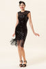 Laden Sie das Bild in den Galerie-Viewer, Schwarze Pailletten Fransen 1920er Jahre Gatsby Flapper Kleid mit 20er Jahre Accessoires Set