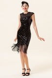 Schwarze Pailletten Fransen 1920er Jahre Gatsby Flapper Kleid mit 20er Jahre Accessoires Set