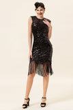 Schwarze Pailletten Fransen 1920er Jahre Gatsby Flapper Kleid mit 20er Jahre Accessoires Set