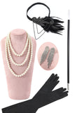 Schwarze Pailletten Fransen 1920er Jahre Gatsby Flapper Kleid mit 20er Jahre Accessoires Set