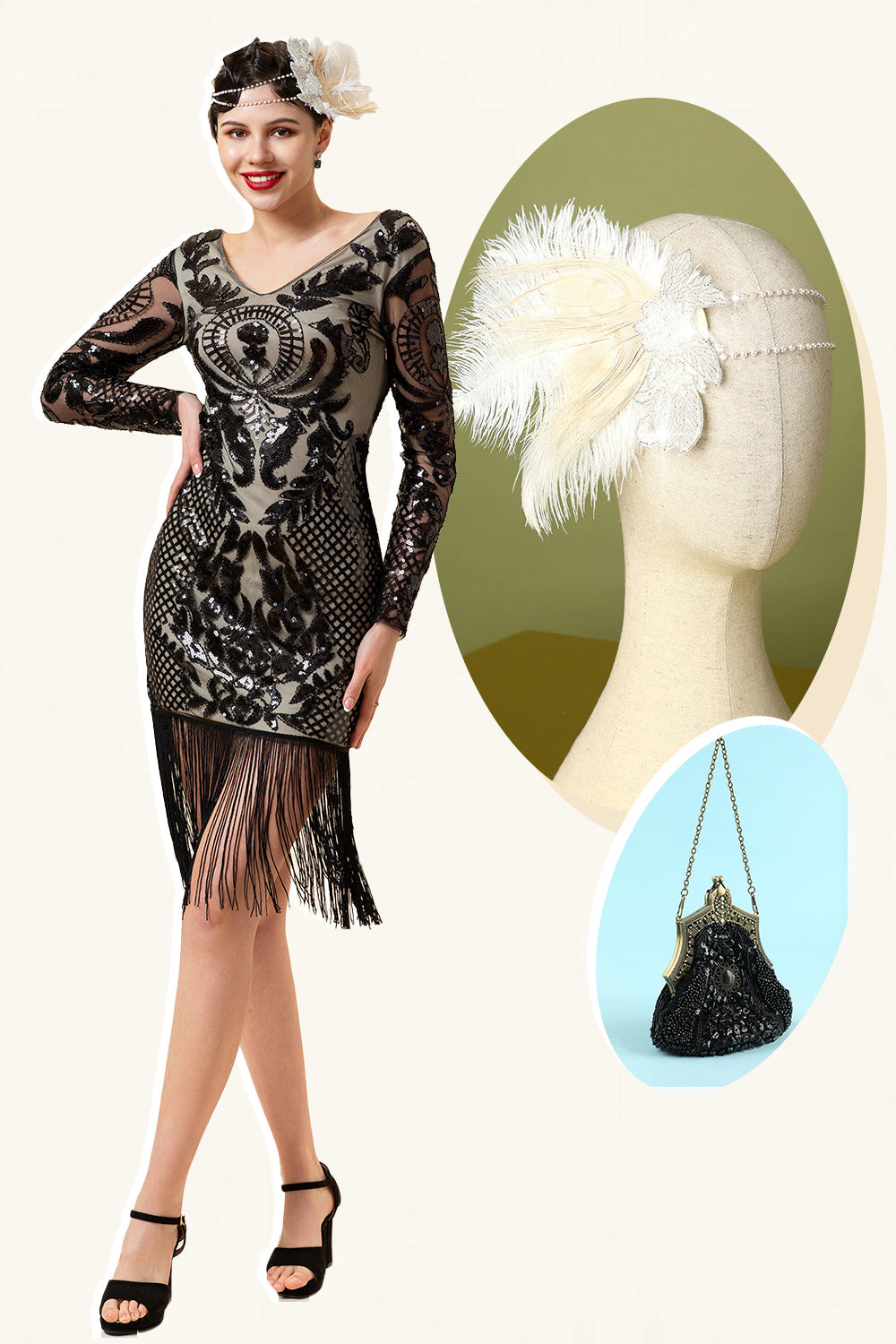 Schwarzes langärmeliges Paillettenfransen 1920er Jahre Gatsby Flapper Kleid mit 20er Jahren Accessoires Set