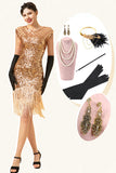 Rosa Kappenärmel Paillettenfransen 1920er Jahre Gatsby Flapper Kleid mit 20er Jahre Accessoires Set