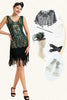 Laden Sie das Bild in den Galerie-Viewer, Dunkelgrünes Pailletten Fransen 1920er Jahre Gatsby Flapper Kleid mit 20er Jahre Accessoires Set