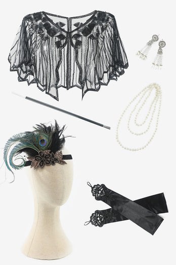 Dunkelgrünes Pailletten Fransen 1920er Jahre Gatsby Flapper Kleid mit 20er Jahre Accessoires Set