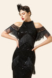 Schwarz Pailletten Fransen Langes 1920er Jahre Gatsby Flapper Kleid mit 20er Jahre Accessoires Set