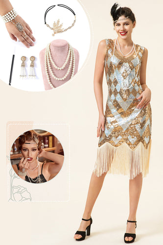 Goldenes und silbernes Paillettenfransen 1920er Jahre Gatsby Flapper Kleid mit 20er Jahre Accessoires Set