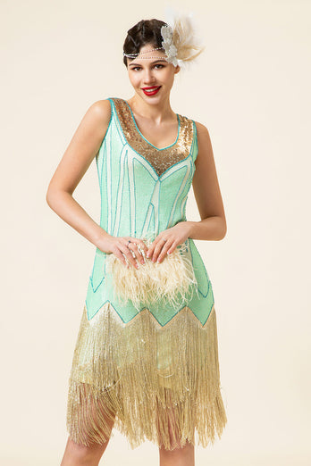 Mint Grün Pailletten Fransen 1920er Jahre Gatsby Flapper Kleid mit 20er Jahre Accessoires Set