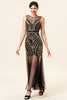 Laden Sie das Bild in den Galerie-Viewer, Schwarz und Golden Illusionshals Pailletten Lange 1920er Jahre Gatsby Flapper Kleid mit 20er Jahre Accessoires Set